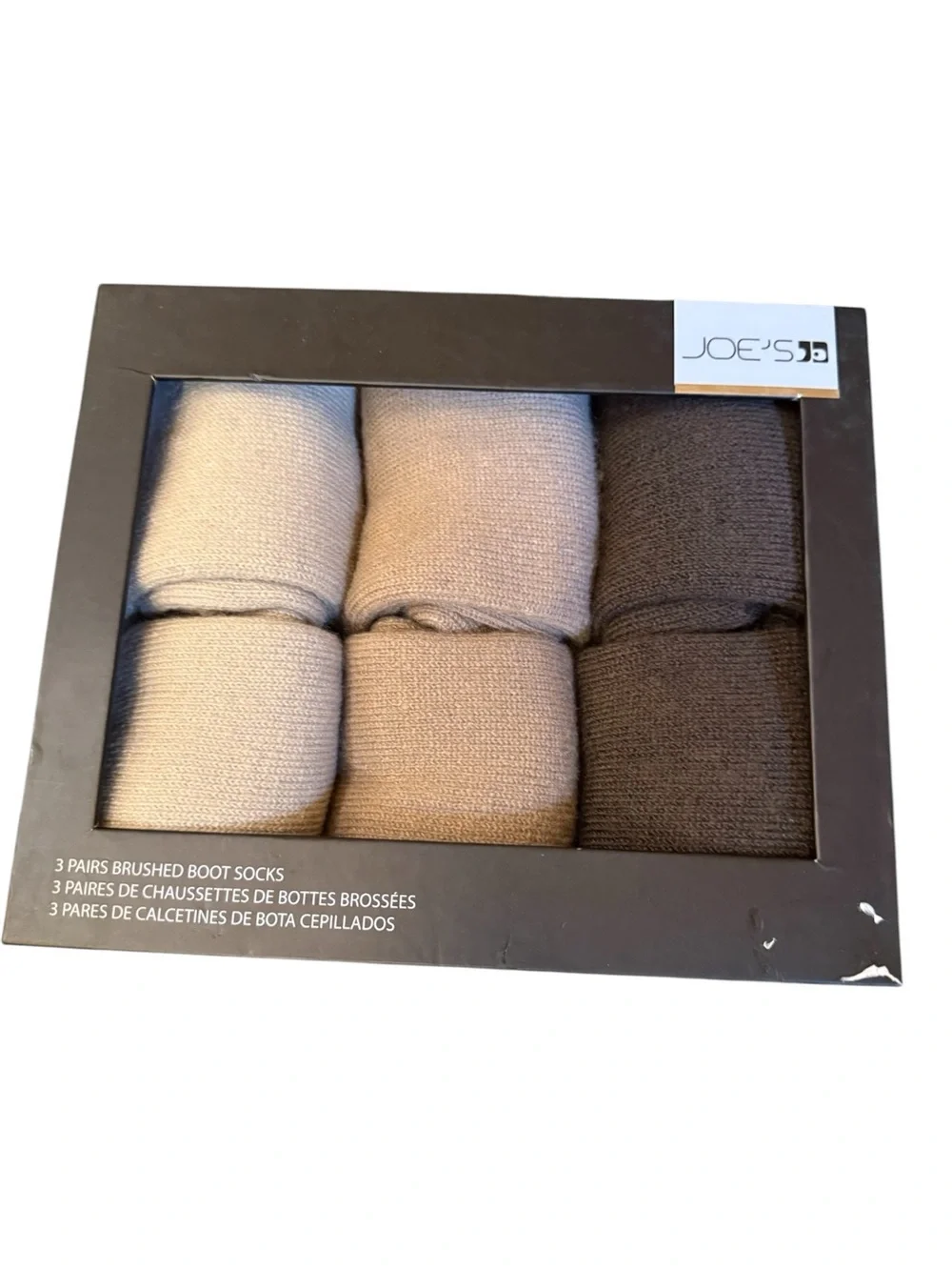Joe’s 3-Pair Brushed Boot Socks – Neutral Tones – One Size – New in Package